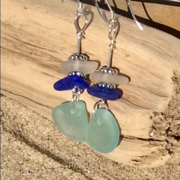 Jewelry - SEAGLASS Aqua Blue, Cobalt Blue & White Earrings